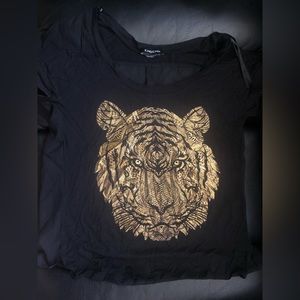 Bebe Mesh Back Gold Tiger Short sleeve blouse shirt XS NWOT! Black